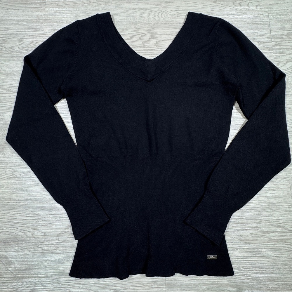 Guess Women Sweater XL V-Neck Long Sleeve Black Knit Pullover Minimalist